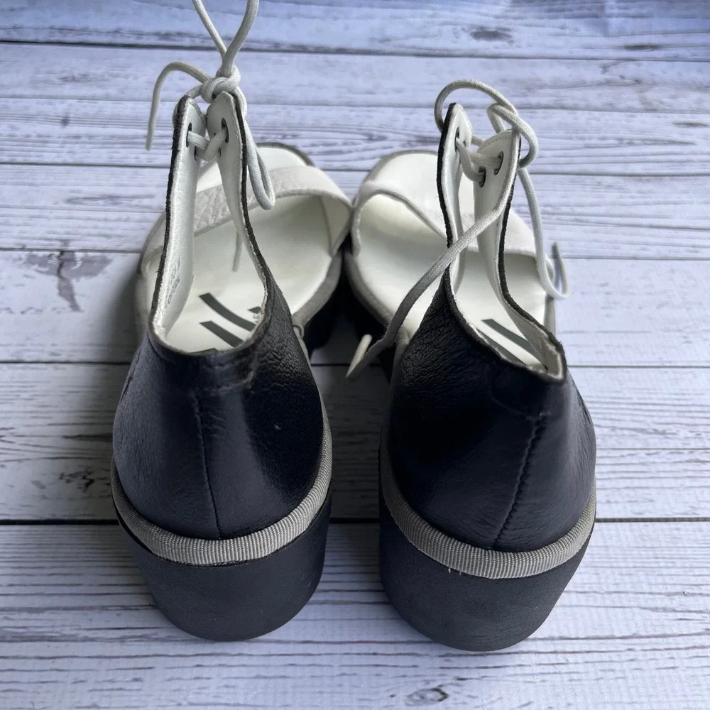 FLY LONDON Black White‎ Leather Lace Up Platform Wedge Sandals EU39 US8-8.5
